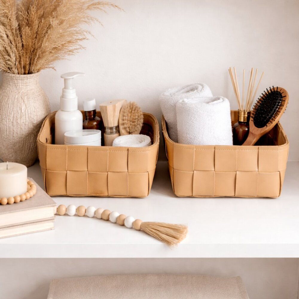 Set of 2 Faux Leather Woven Storage Basket, Tan 9" x 9" Bins